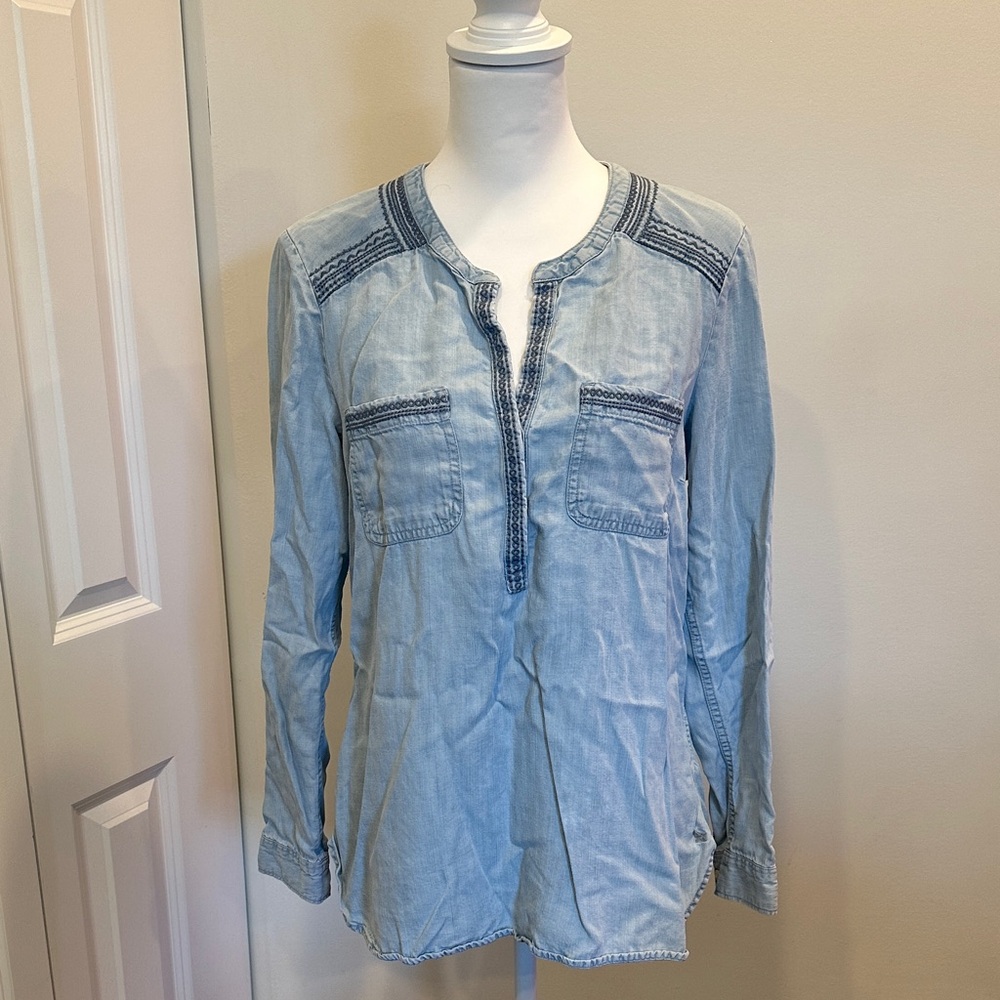 Eddie Bauer Light Blue Denim Blouse with Embroidered Details